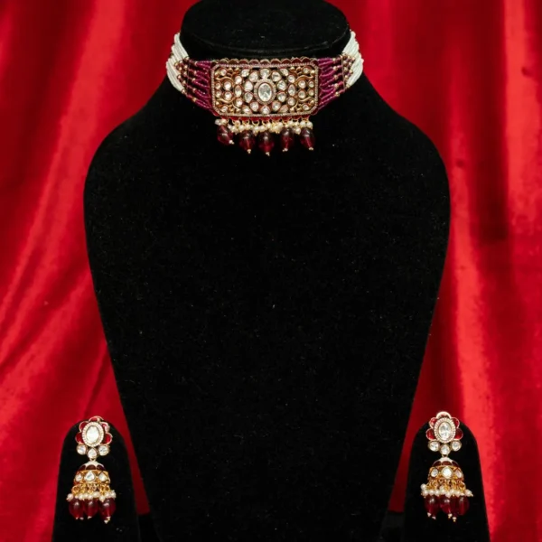 WHITE KUNDAN RUBY PINK MEENA CHOKAR SET